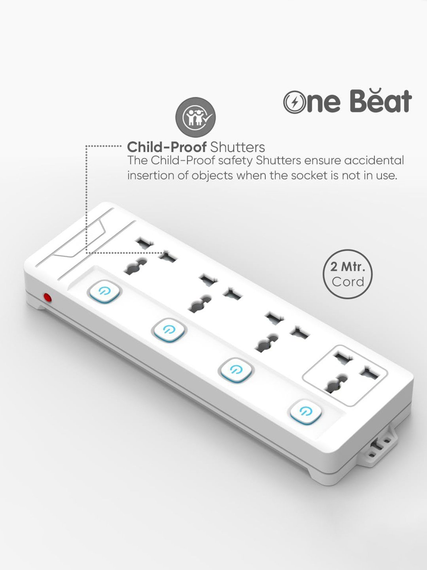 One Beat Power Strip with 4 Universal Socket with Output of 2500W & Extension Cord 2 Meter (White)