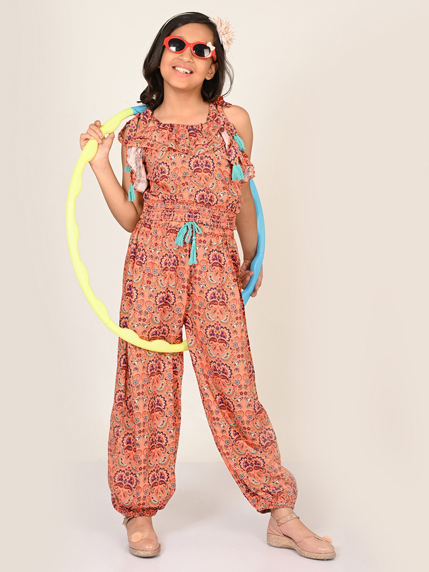 Lil Drama Kids Coral Floral Print Crop Top with Joggers