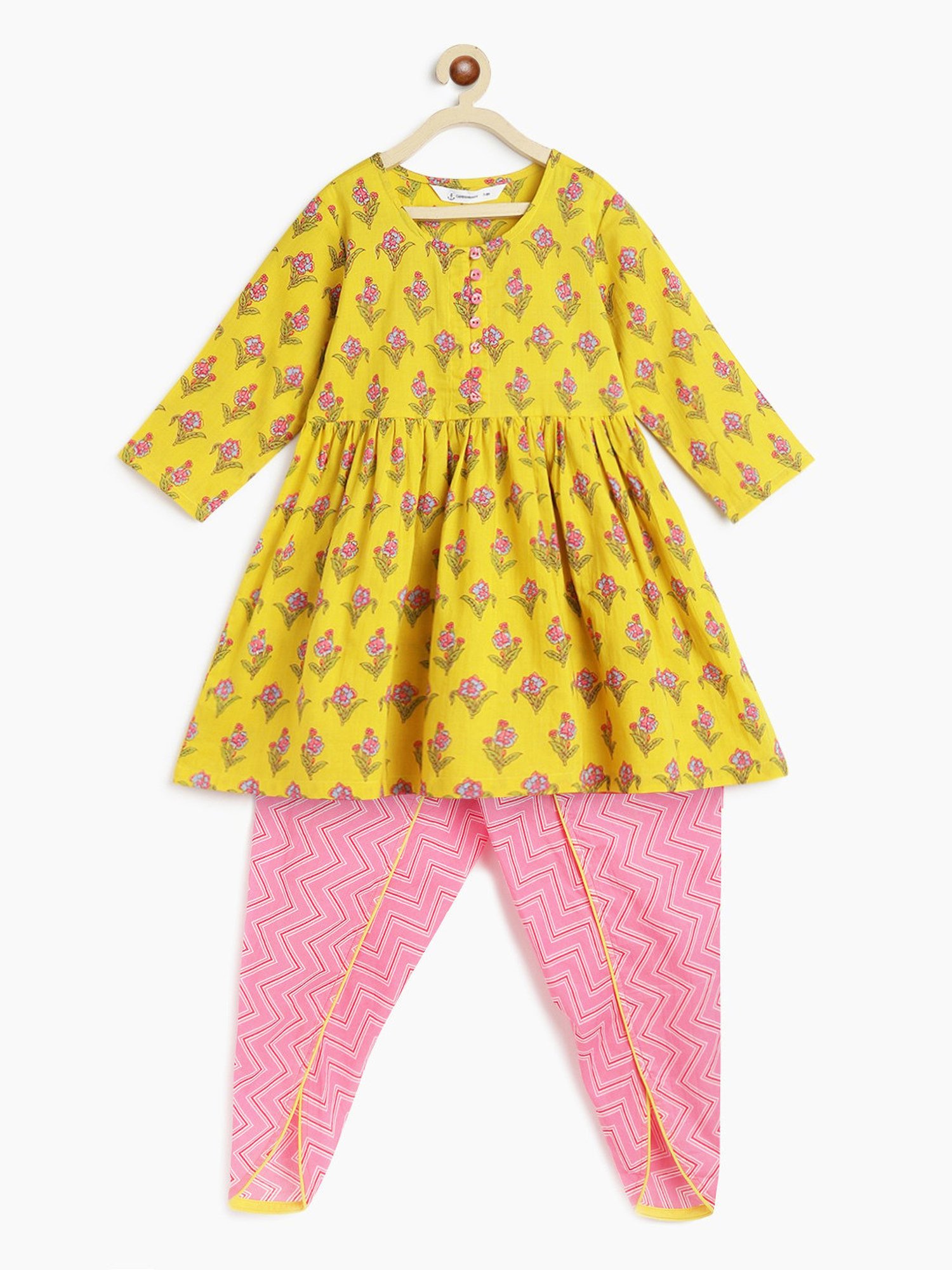 Campana Kids Yellow & Pink Floral Print Kurta with Dhoti
