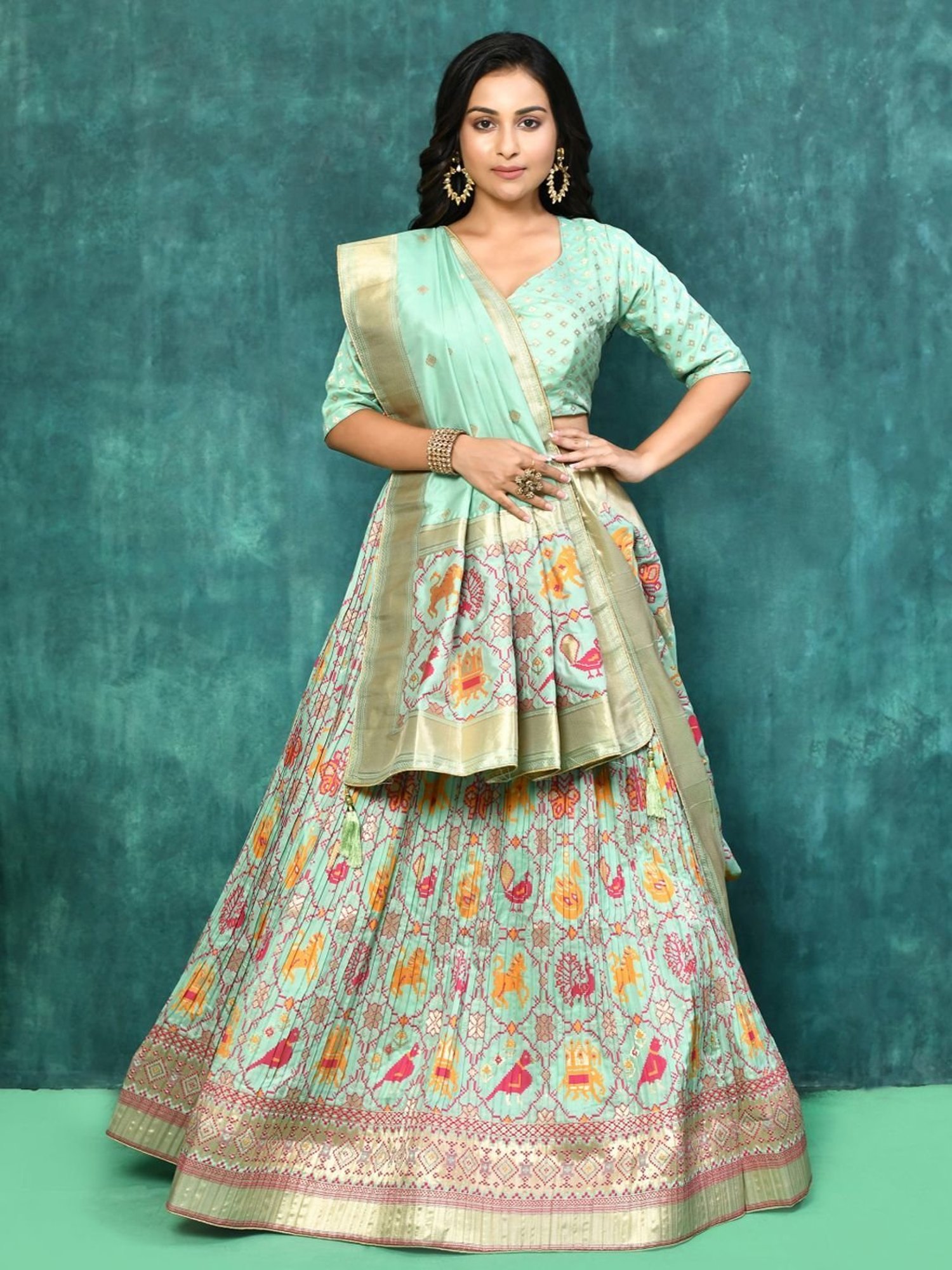 Elora Turquoise Woven Pattern Semi Stitched Lehenga Choli Set With Dupatta