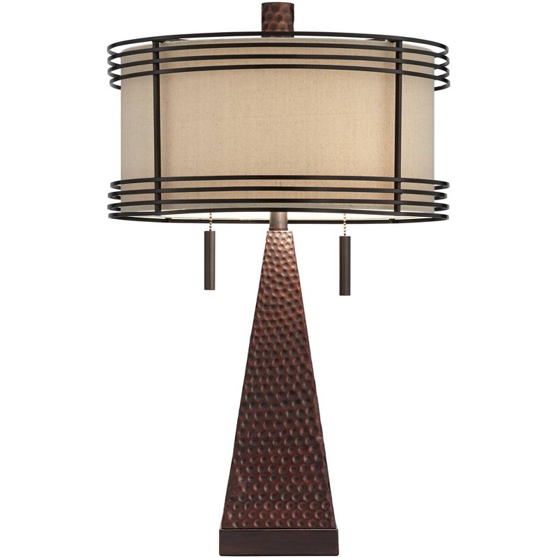Franklin Iron Works Industrial Table Lamp with USB Charging Port Rustic Hammered Bronze Double Shade for Living Room Bedroom Bedside Family