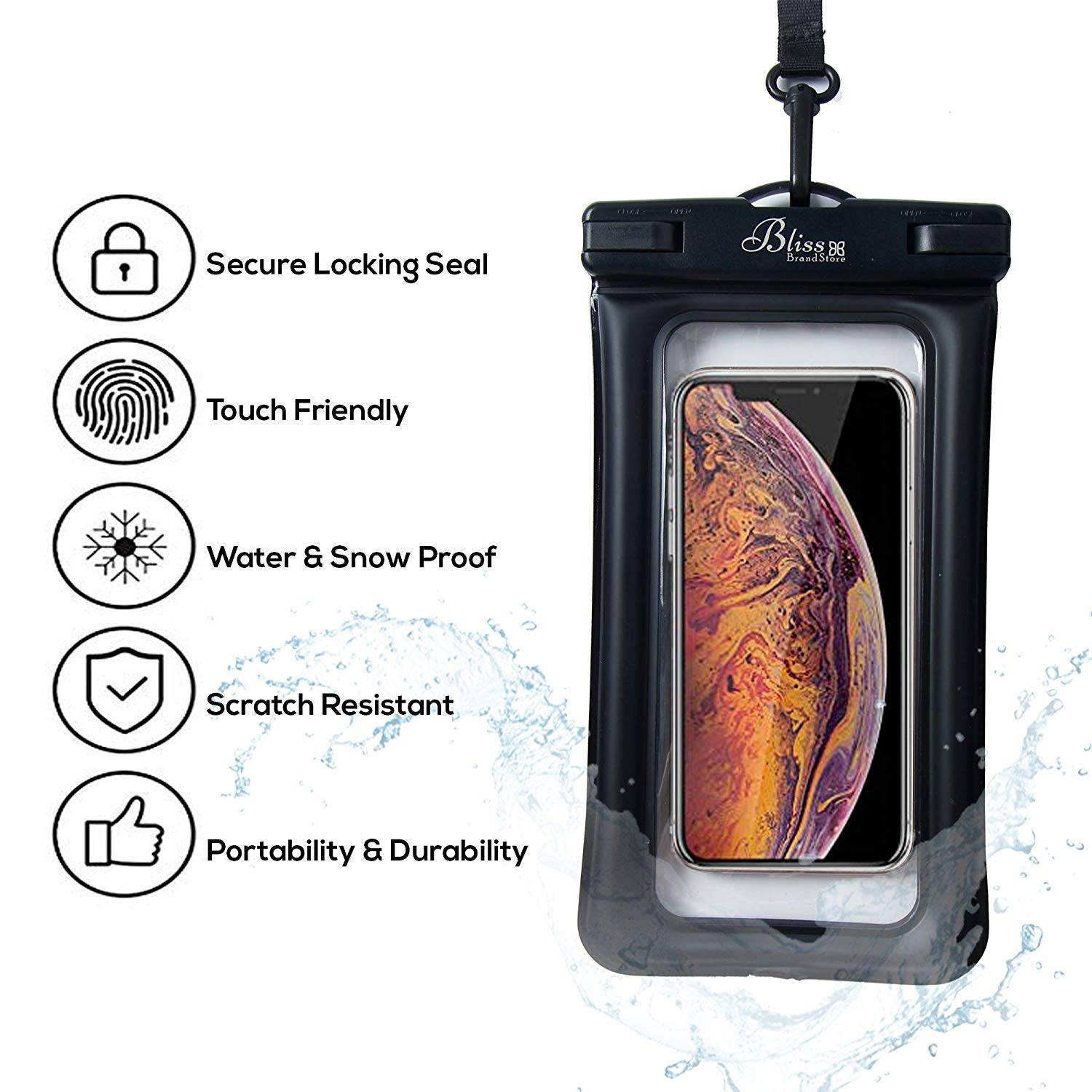 Universal Waterproof Phone Pouch for Pool Beach Swimming Kayaking Travel, Compatible with All Smartphones up to 6.5&rdquo; + Free Arm Band (Black)
