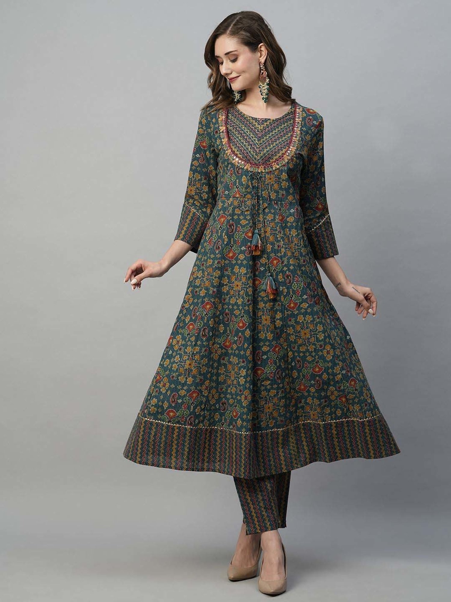 Heeposh Blue Cotton Printed Kurta Pant Set With Dupatta