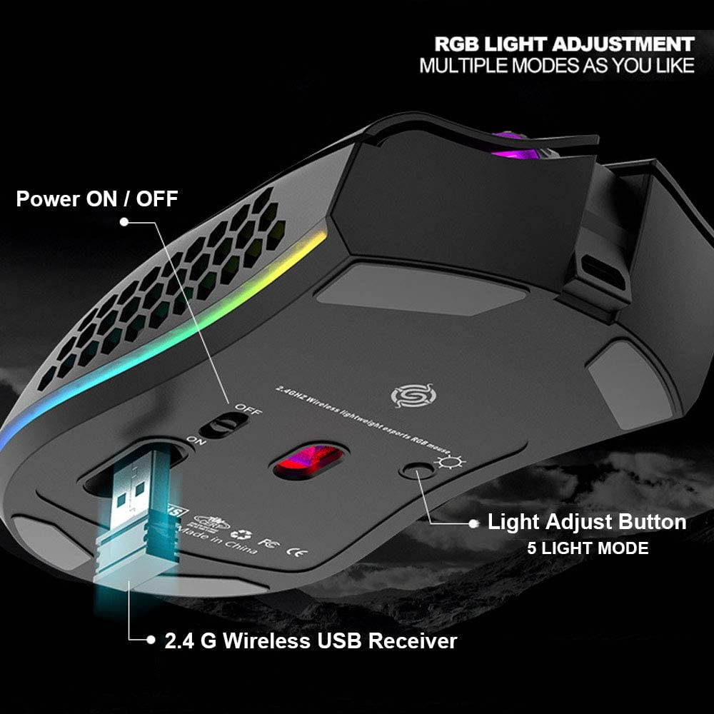 Attoe Lightweight Gaming Mouse, Honeycomb Design Rechargeable Wireless Gaming Mouse with USB Receiver RGB Backlight Computer Mouse for Laptop PC
