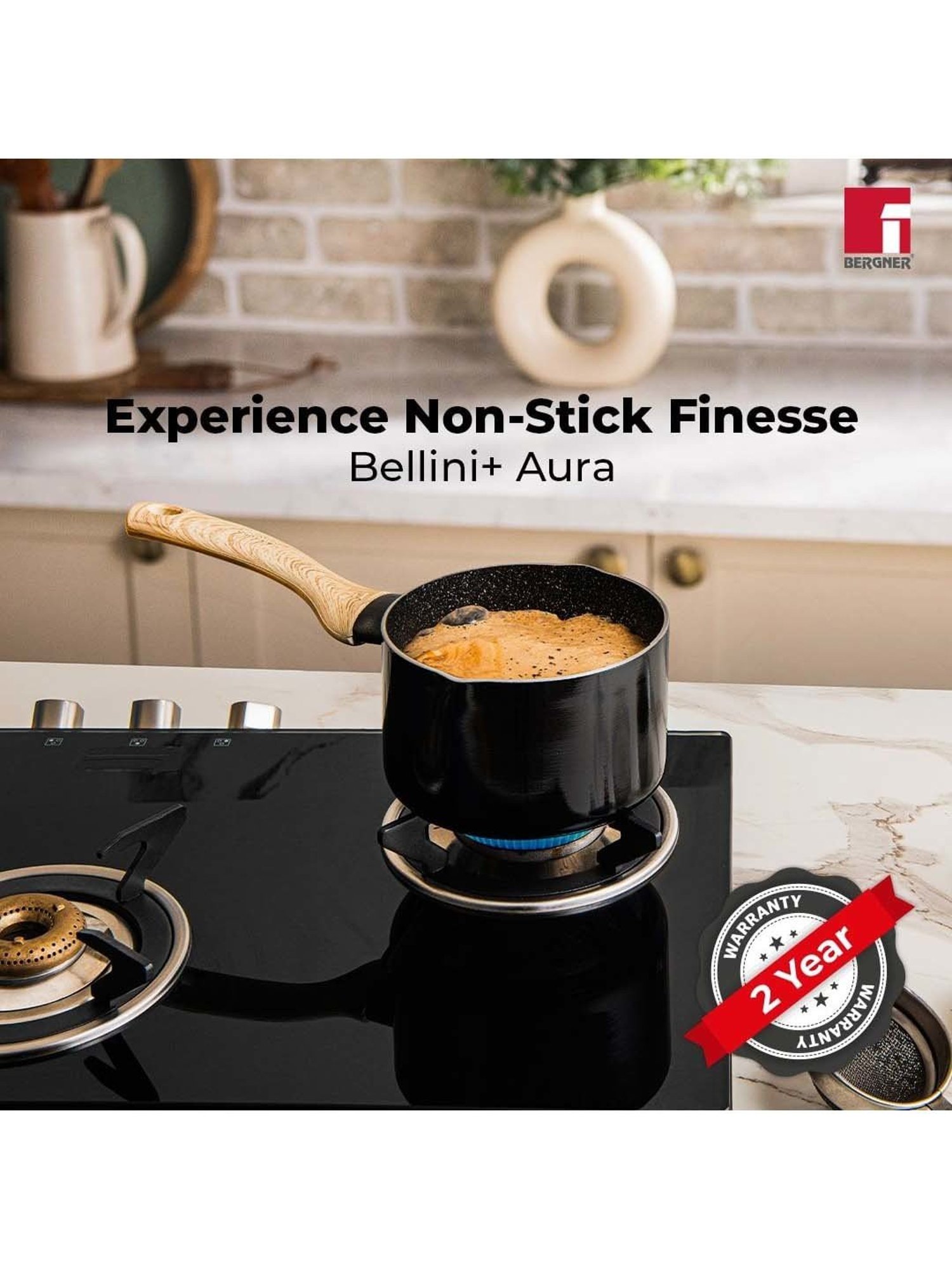 Bergner Bellini & Aura Black 16 cm Induction Saucepan With Wooden Finish Handle (1.8 L)