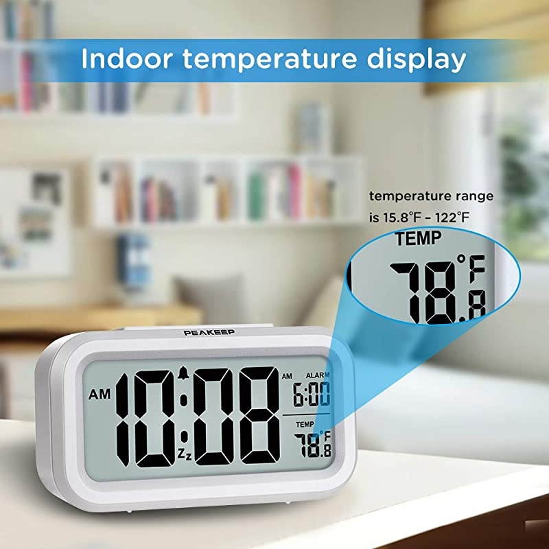 Battery Operated Smart Night Light Digital Alarm Clock with Indoor Temperature White