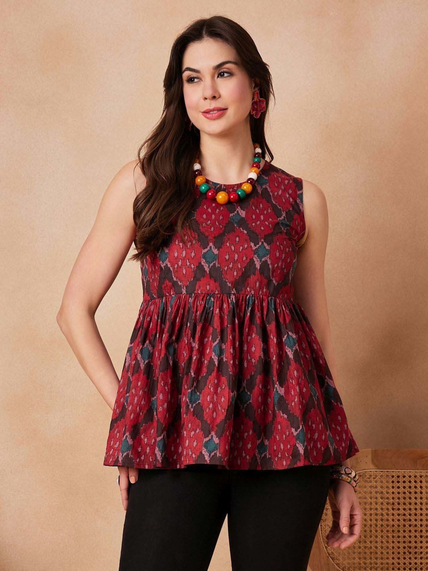Inweave Red Cotton Printed Top