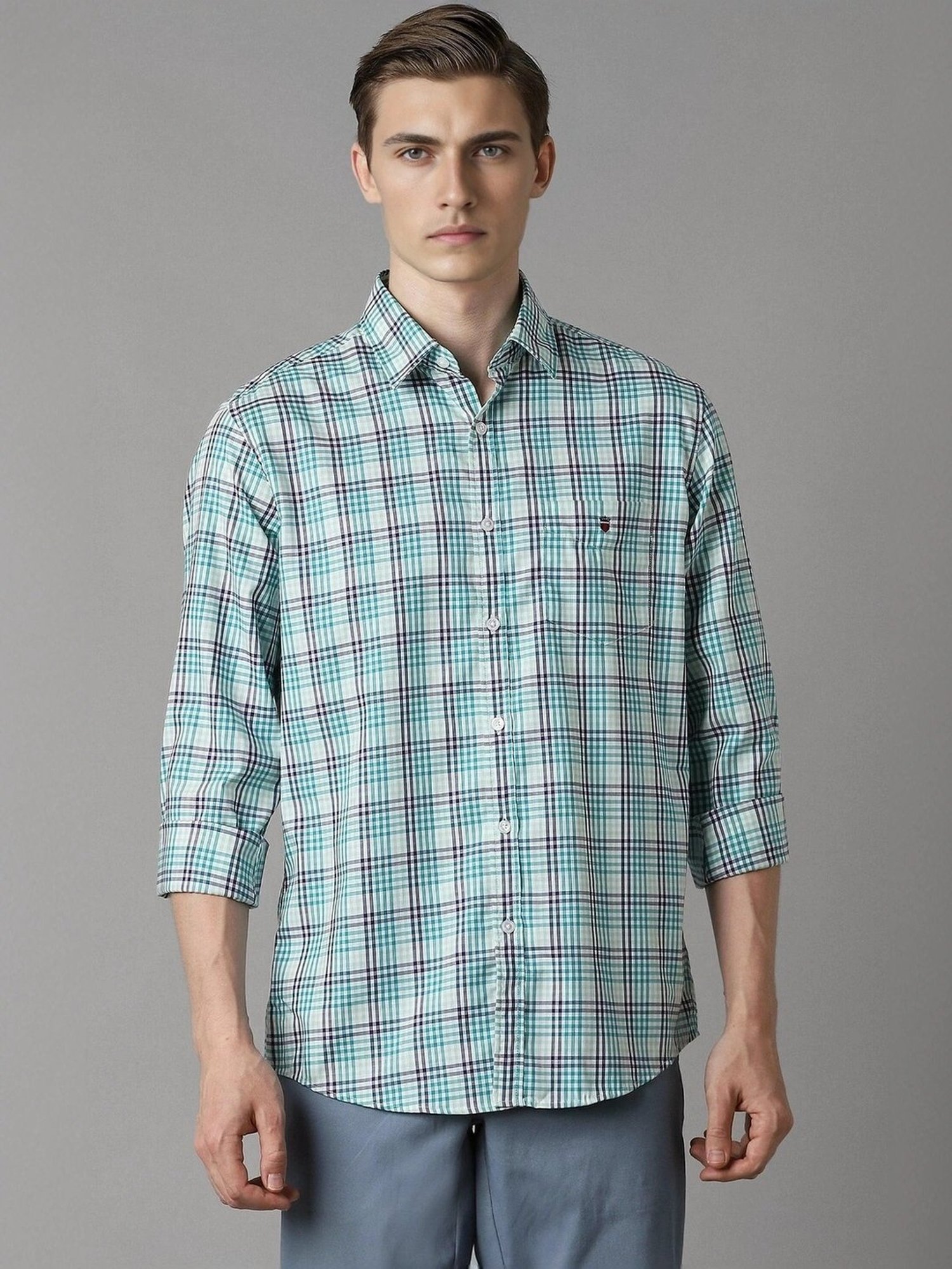 Spykar Blue Cotton Slim Fit Checks Shirt
