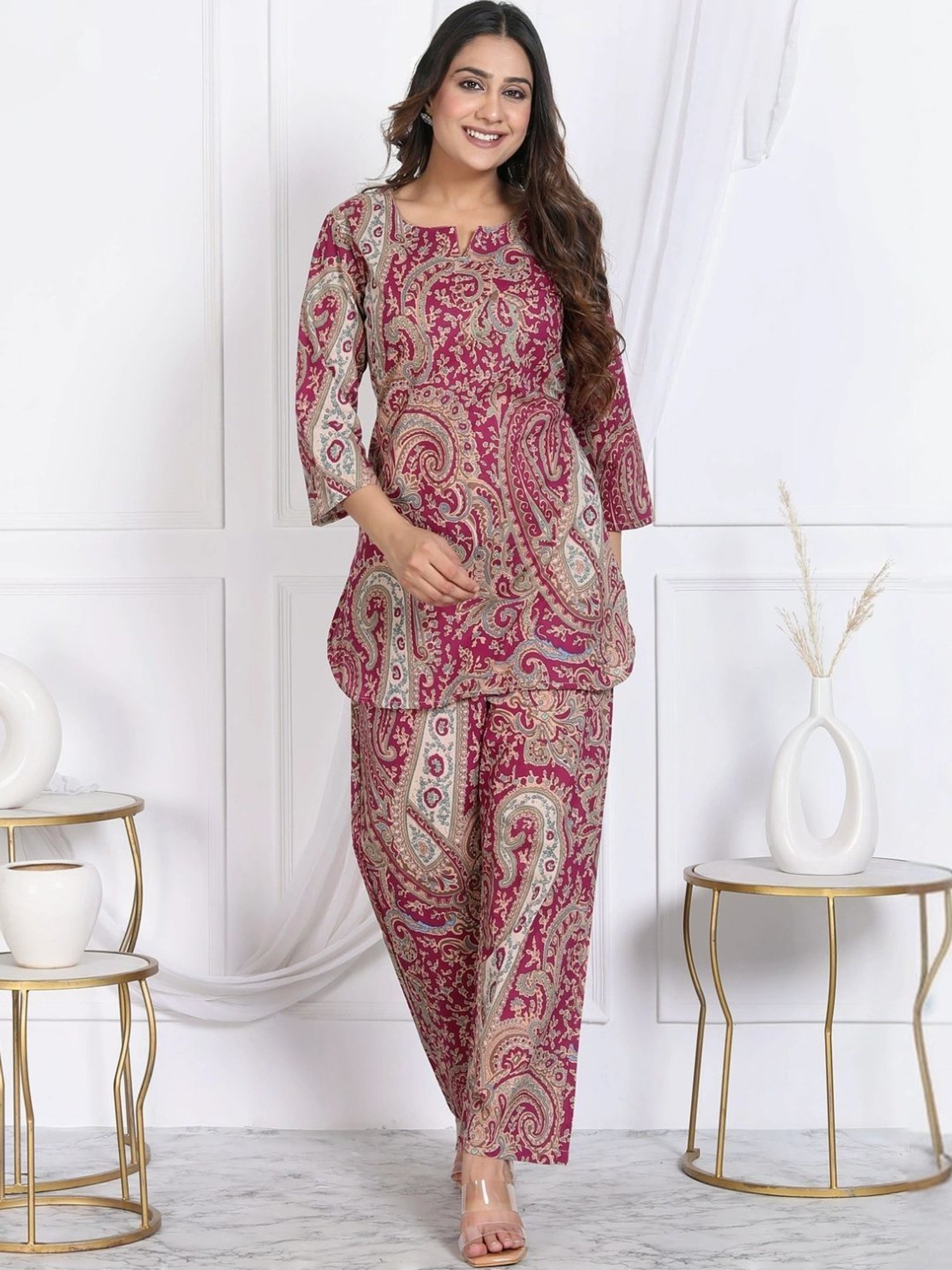 Kaftanize Crimson Paisley Printed Short Tunic with Pant