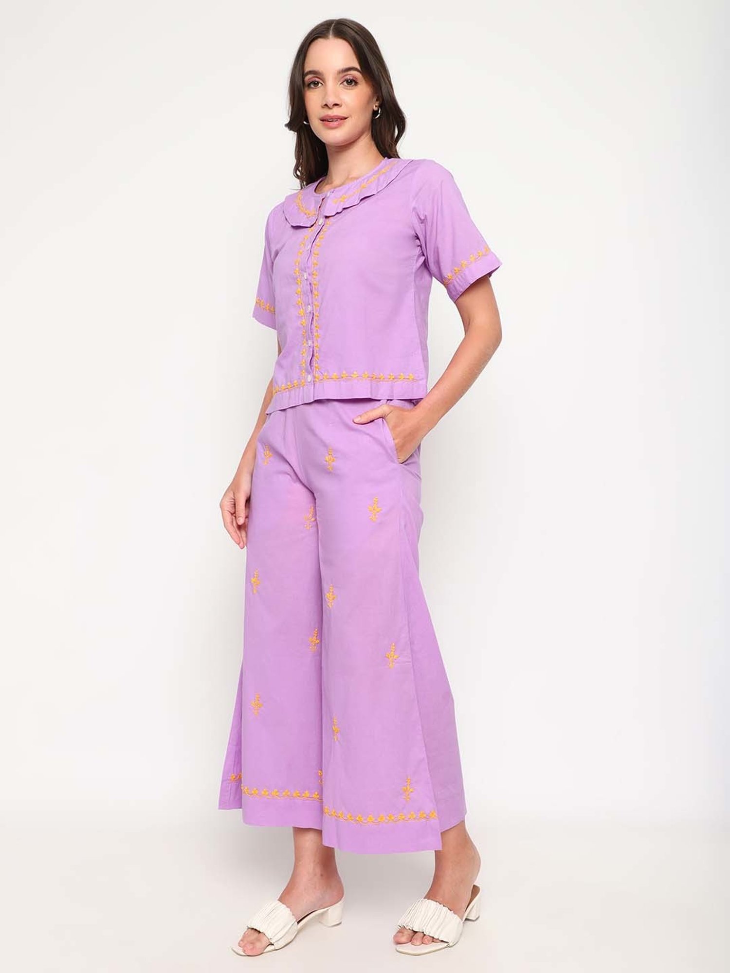 Sringam Purple Cotton Embroidered Top Palazzo Set