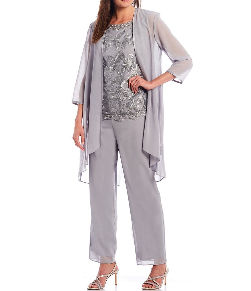 Le Bos Embroidered Mesh Georgette 3-Piece Duster Pant Set