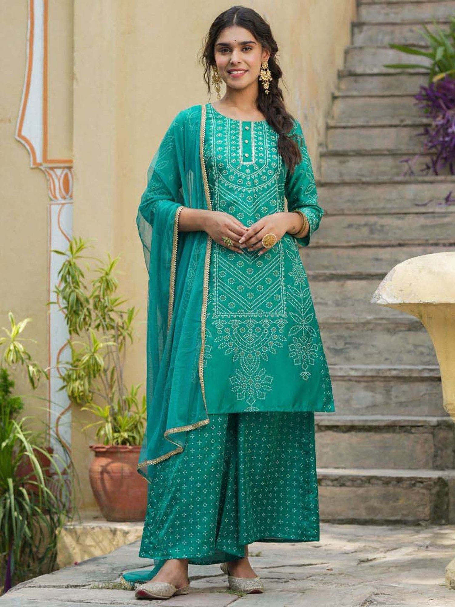 Juniper Teal Bandhani Printed Shantoon Kurta Palazzo & Net Dupatta Set with Lace & Beads Work