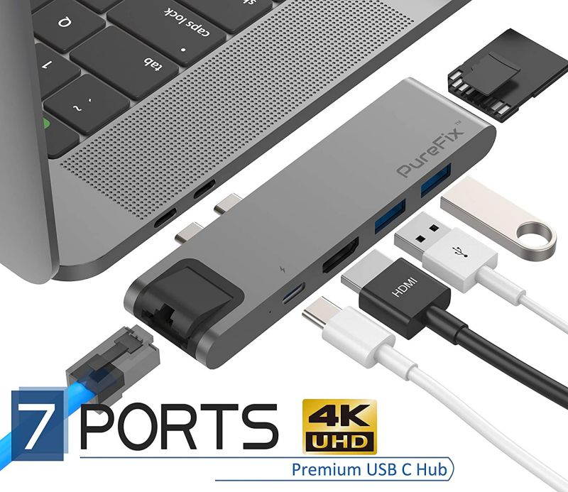 USB C 7-in-1 Hub Multiport Adapter for MacBook Pro 2019/2018/2017/2016, MacBook Air 2018/2019; Gigabit Ethernet, 4K HDMI, 40Gbps Thunderbolt 3, 100W PD, 2 USB 3.0 and SD/Micro Card Reader (Space Grey)