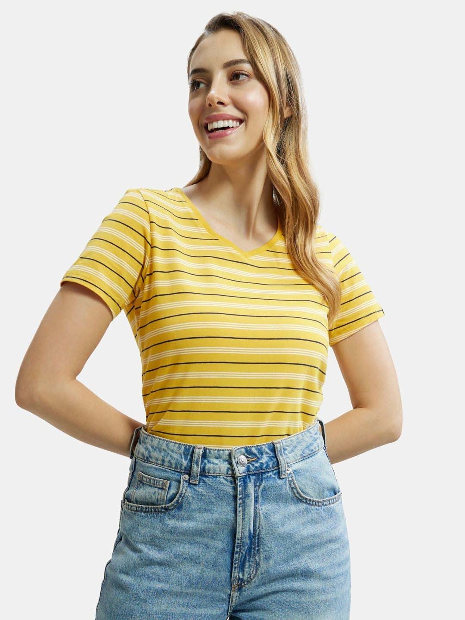 Jockey AW22 Women's Super Combed Cotton Elastane Regular Fit Striped V Neck Half Sleeve T-Shirt