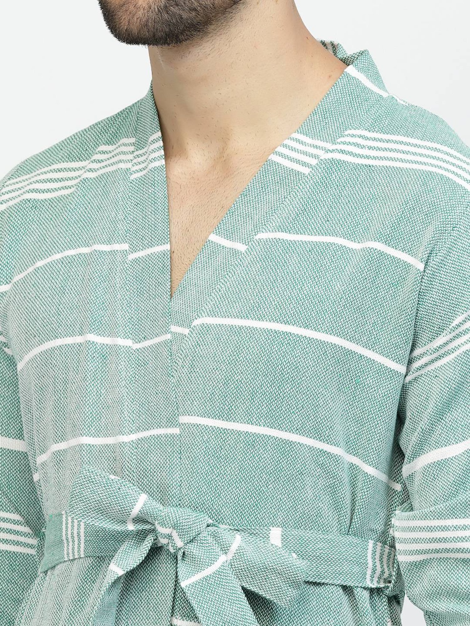 Klotthe Stripes Green & White 210 GSM Cotton Bath Robe with Belt