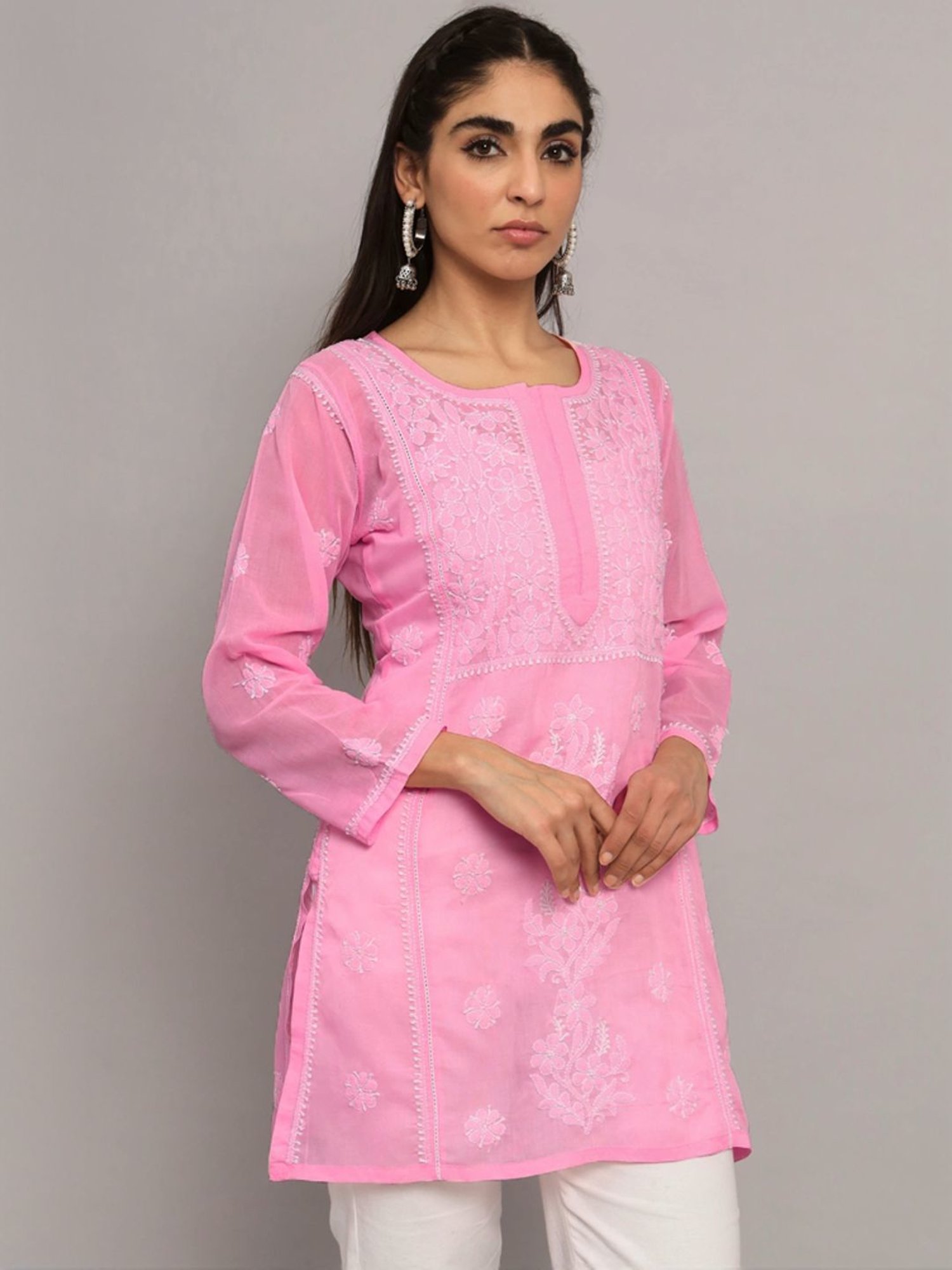 PARAMOUNT CHIKAN Dusty Rose Cotton Hand Embroidered Chikankari Straight Kurti
