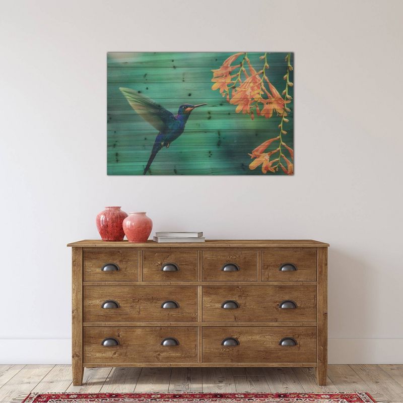 24" x 36" Hummingbird Print on Planked Wood Wall Sign Panel Teal Blue - Gallery 57