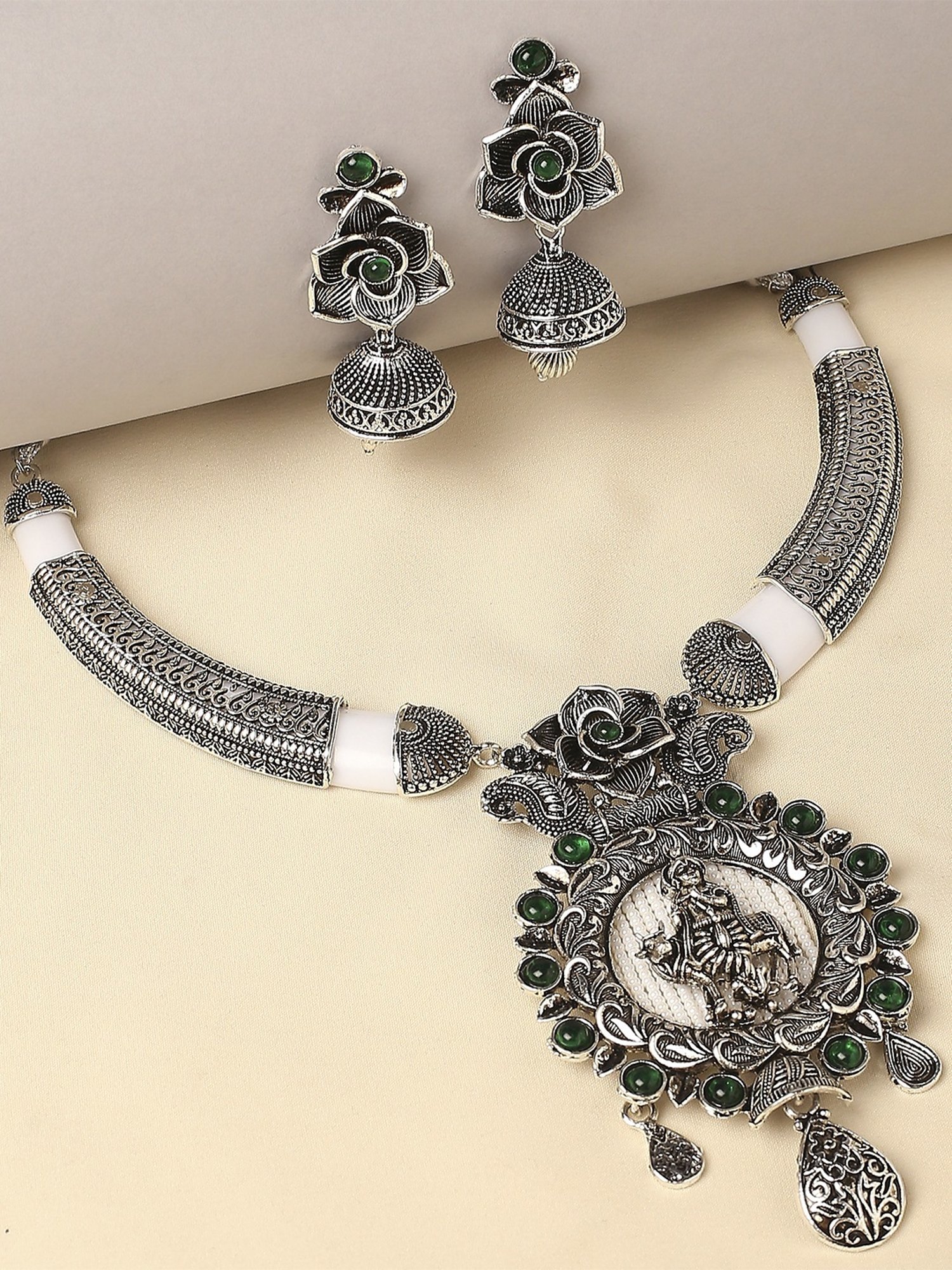 Oomph Oxidised Silver Ethnic Necklace & Earring Set