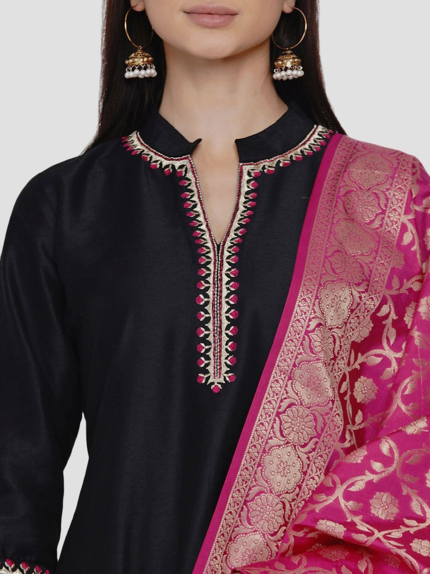 Women Republic Black Cotton Kurta Pant Set With Dupatta