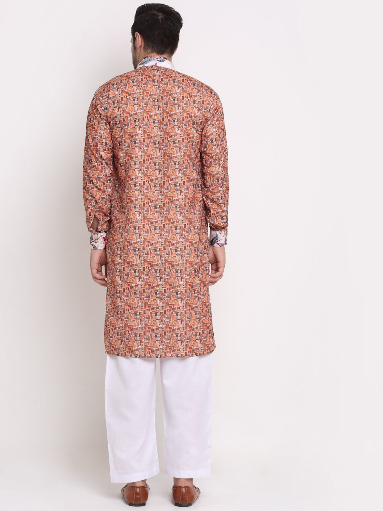 Benstoke Orange & Multi Cotton Regular Fit Printed Sherwani Set