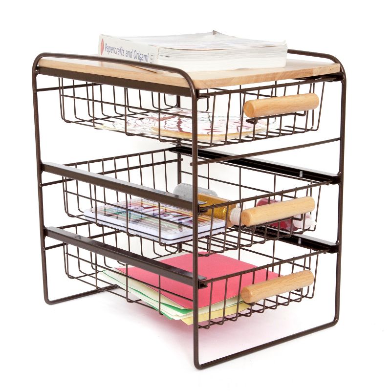 Origami Wood Top Steel Kitchen Organizer 3 Mesh Basket Sliding Drawer, Brown