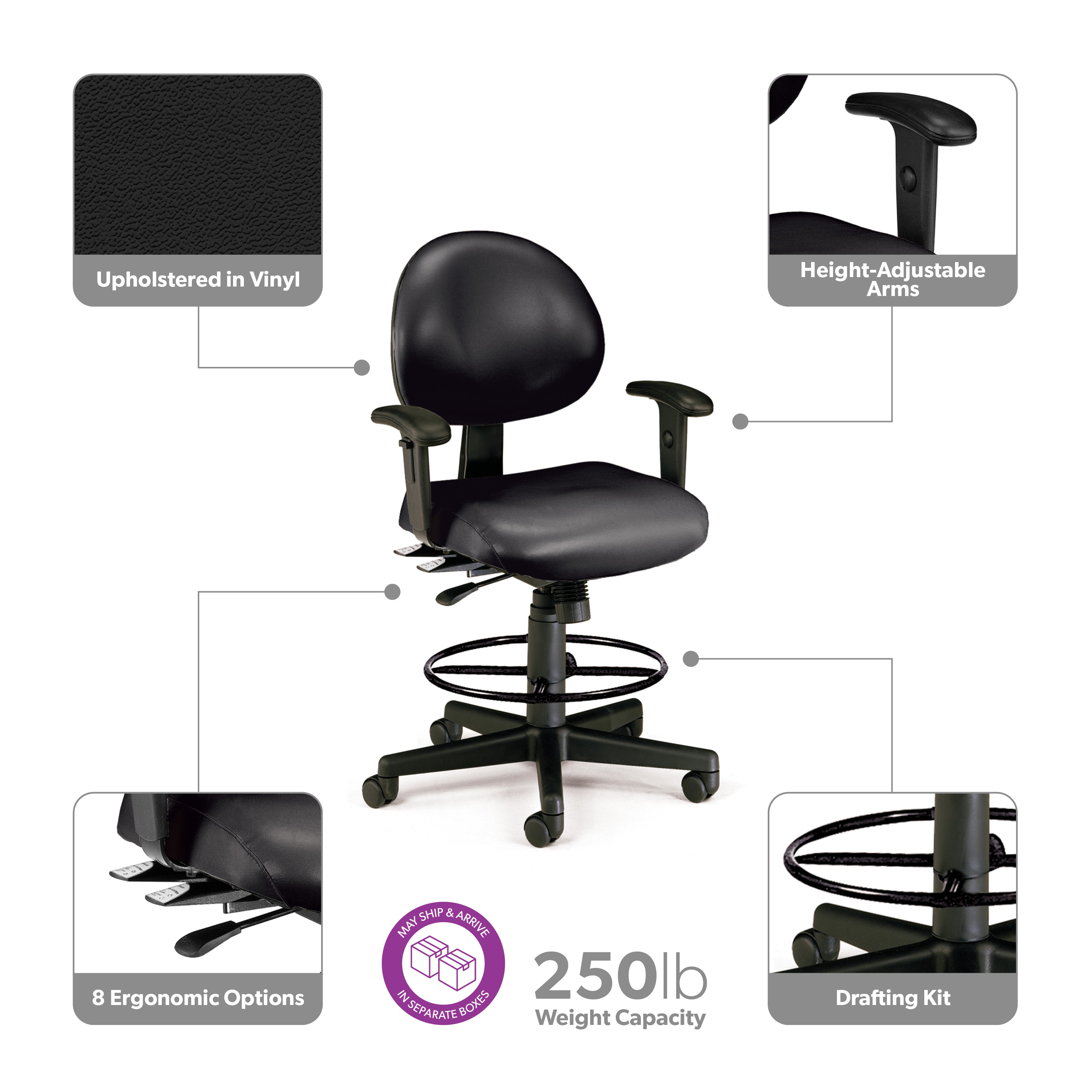 OFM 24 Hour Ergonomic Task Chair with Arms and Drafting Kit, Anti-Microbial/Anti-Bacterial Vinyl, in Black (241-VAM-AA-66)