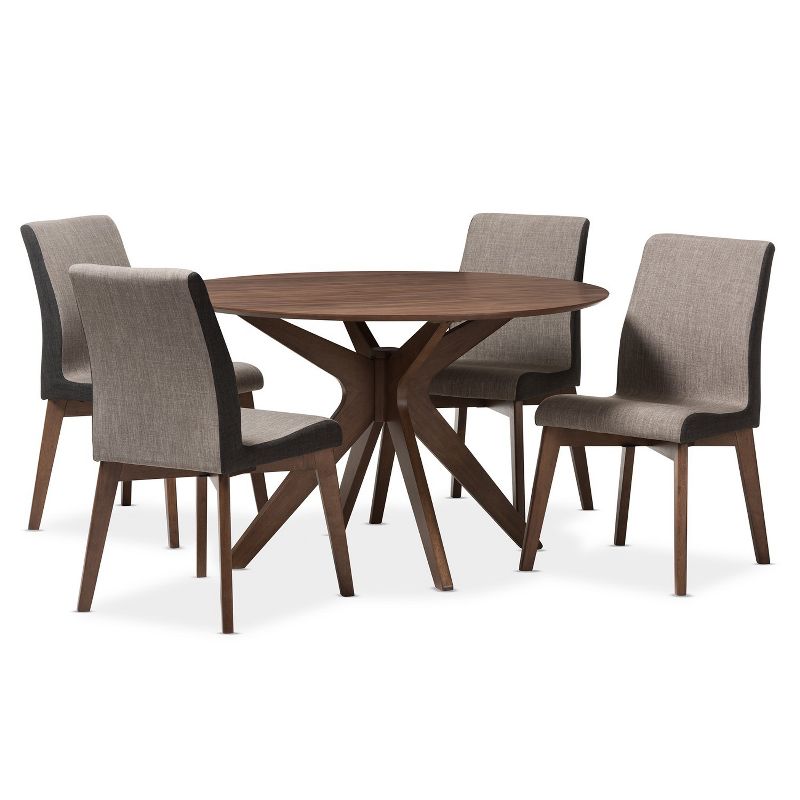 5pc Kimberly Mid Century Modern Walnut Finished Wood Round Dining Set Brown - Baxton Studio