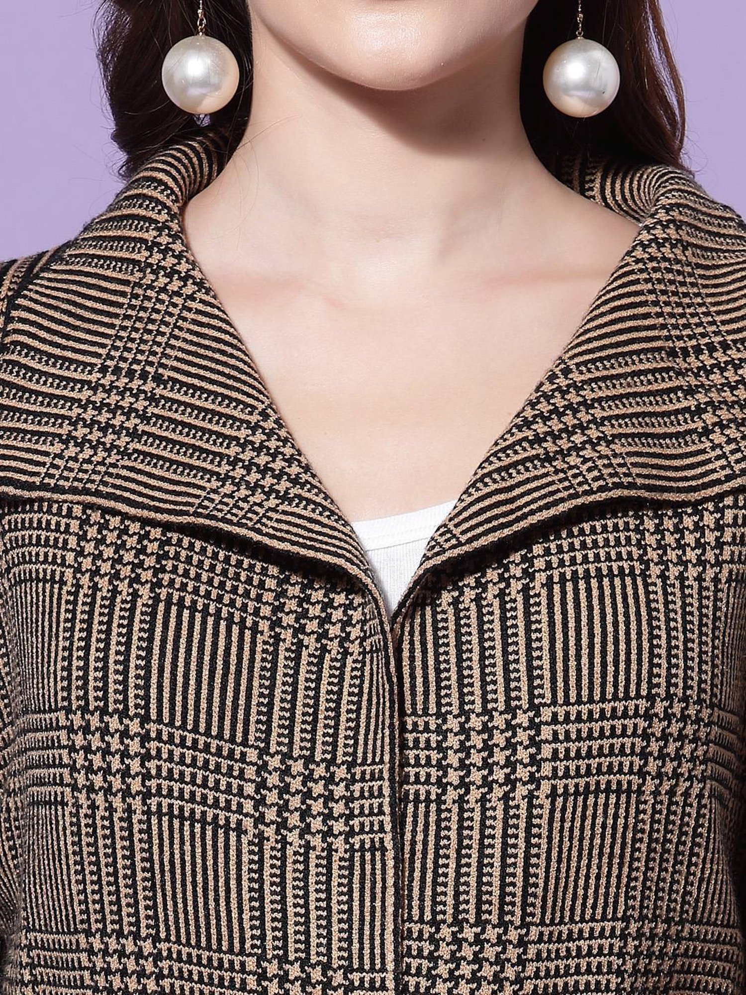 Mafadeny Khaki Chequered Shrug