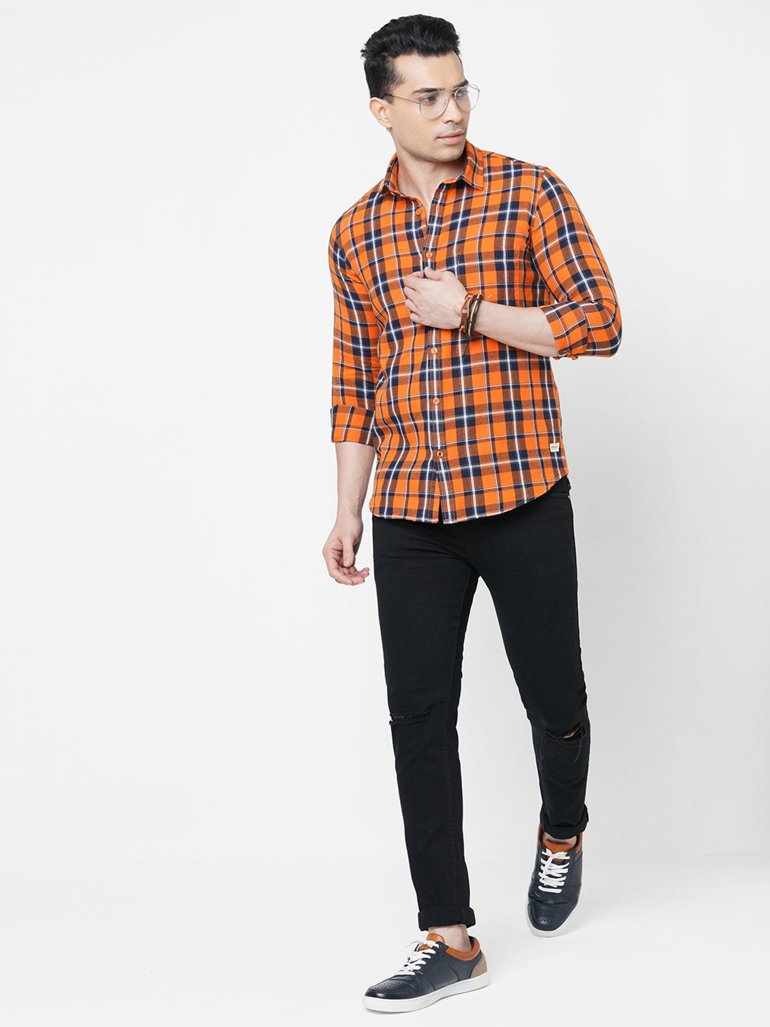 SOLEMIO Blue & Orange Slim Fit Check Cotton Shirt