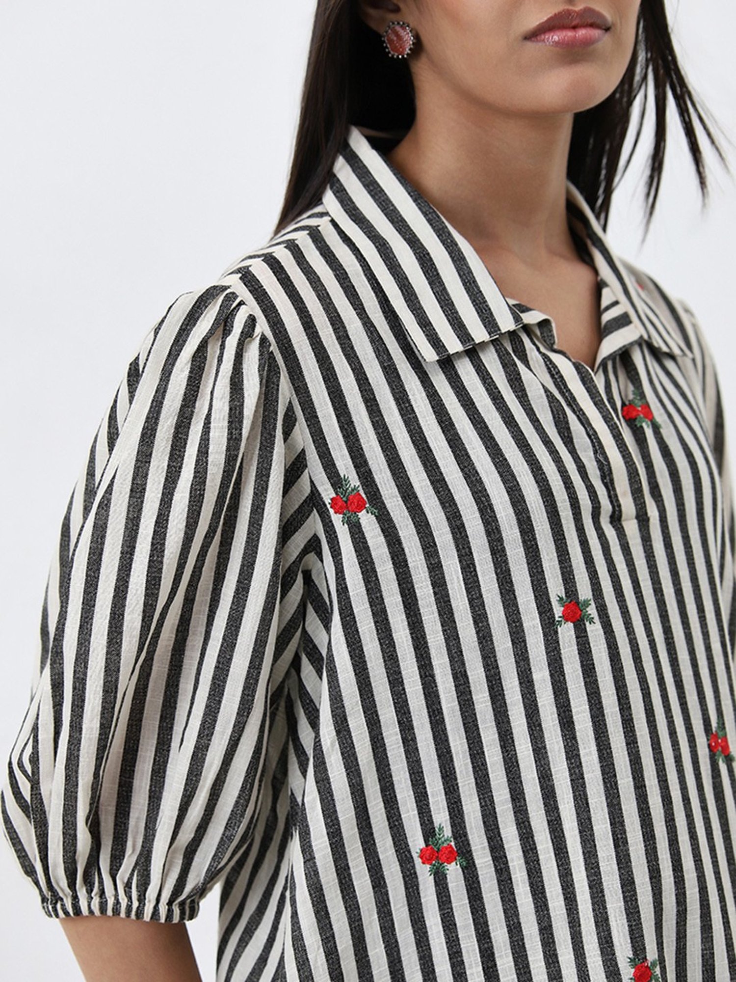 Utsa by Westside Black Stripe Printed A-Line Cotton Kurta