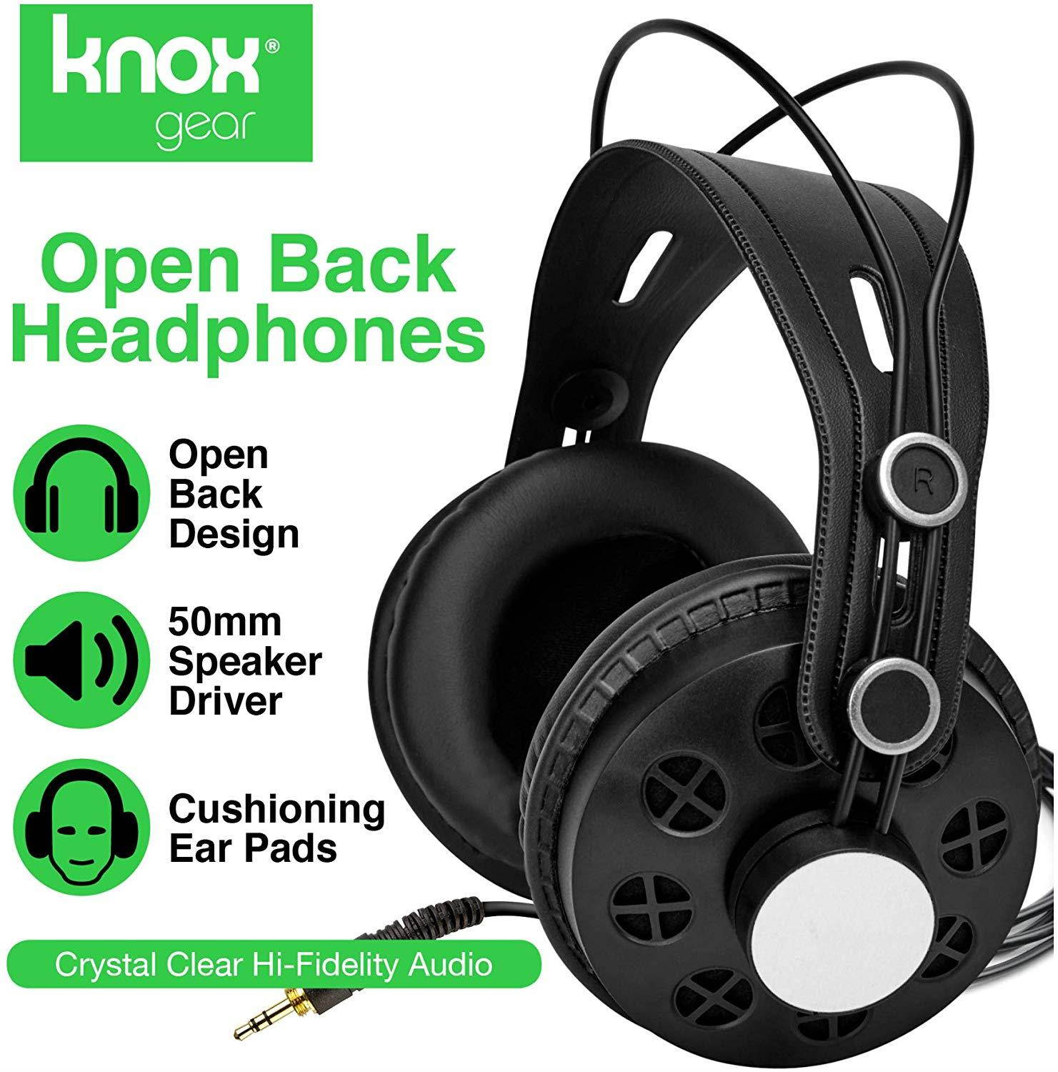 Knox Open Back Studio Headphones KN-HP200 - Recording, Music and Gaming Headphones with Powerful 50mm Driver and Deep Bass Sound - Adjustable Over Ear 10 ft Wired Head Phones with Jack and Adapter