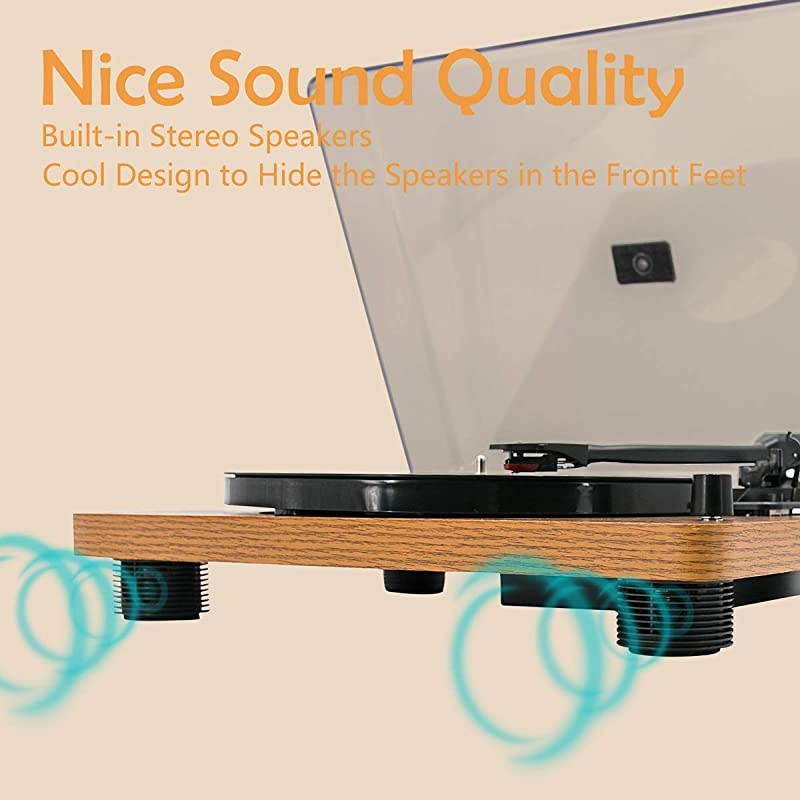 Bluetooth Vinyl Record Player, Belt-Drive Stereo Turntable for 3-Speed Vinyl Records with Convert Vinyl to Digital (Analog & USB), Built-in Speakers and RCA Output, Dark Brown