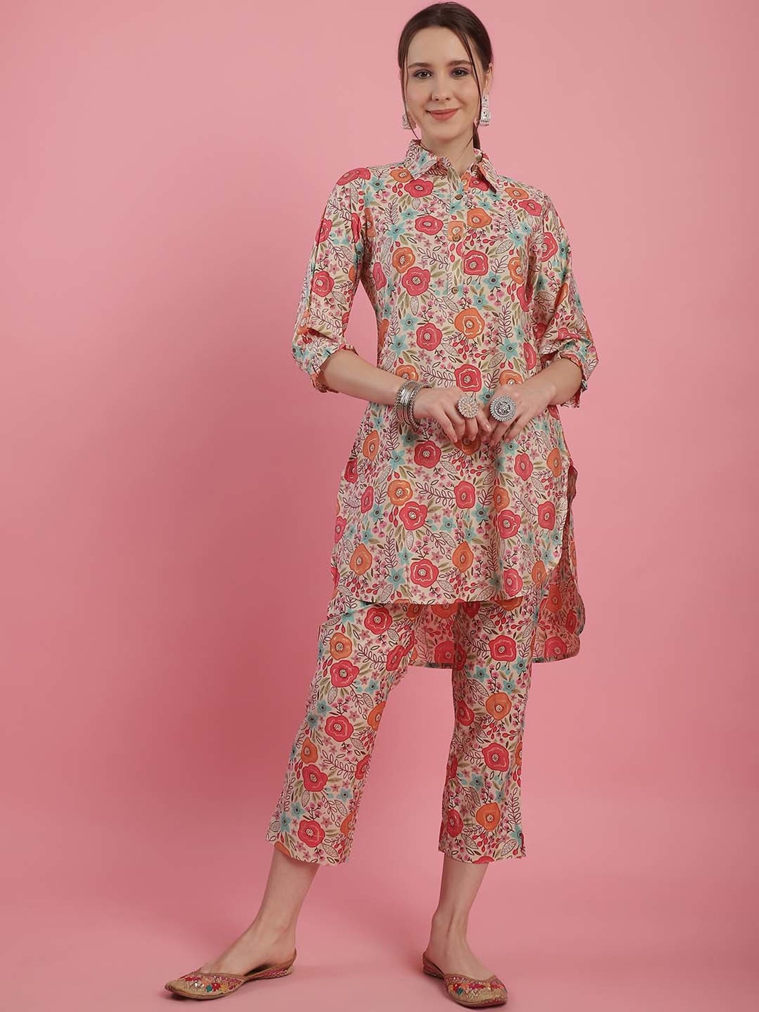 Prakrti Beige Floral Print Kurti Pant Set