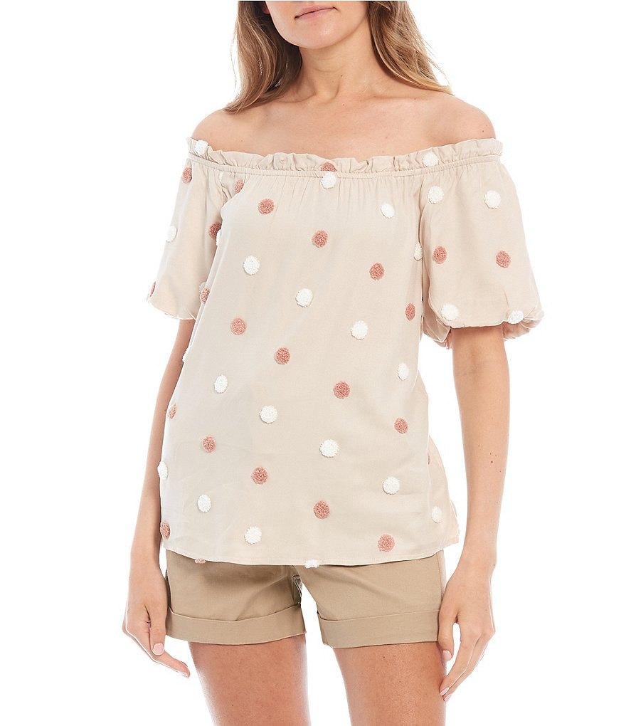 Blu Pepper Polka-Dot Print Off-the-Shoulder Short Sleeve Top