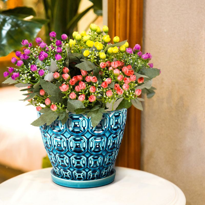 Southern Patio 12 Inch Ceramic Clay Mayer Flower Planter & Saucer Tray, Seafoam