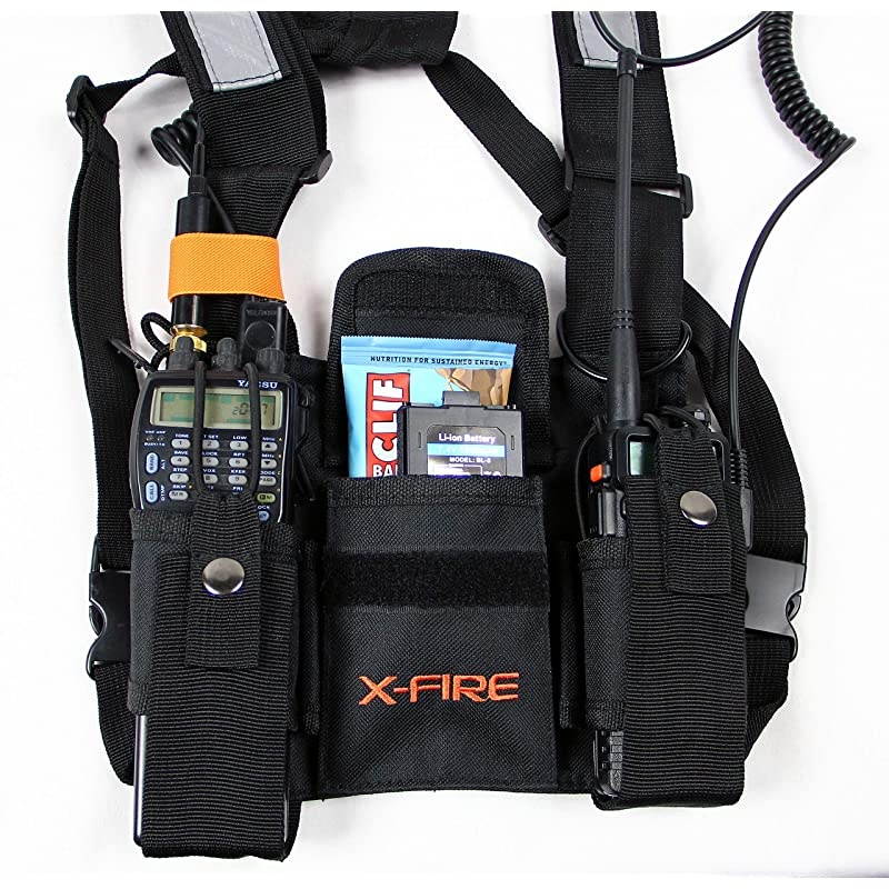 Dual Portable Radio 3m Reflective Chest Harness Vest Chaleco Front Pouch Holder Holster for Two Way Walkie Talkie GPS Firefighter EMS EMT SAR Search Rescue Tactical Refineries Construction