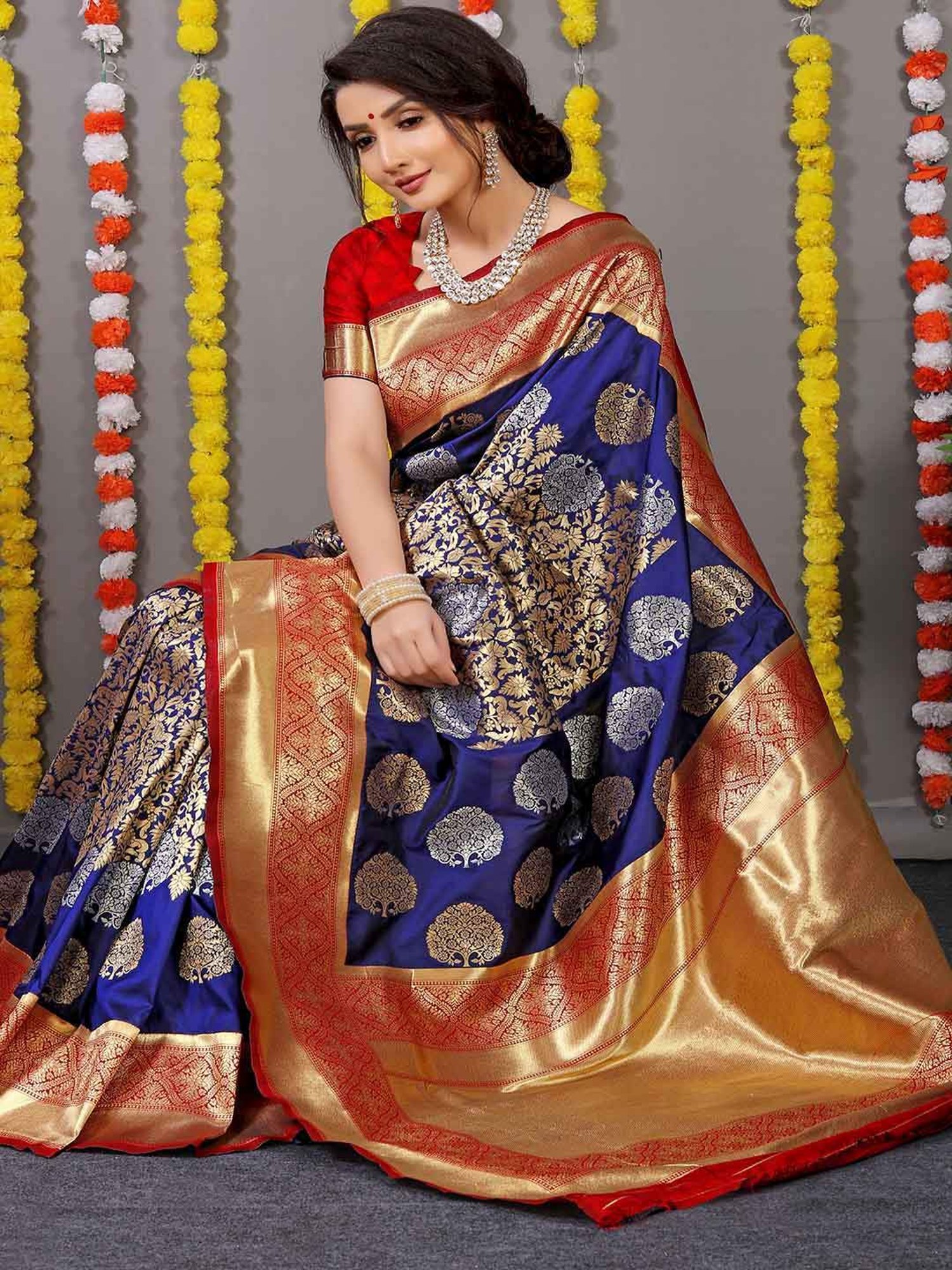 SHUBHKALA Blue Silk Woven Saree With Unstitched Blouse