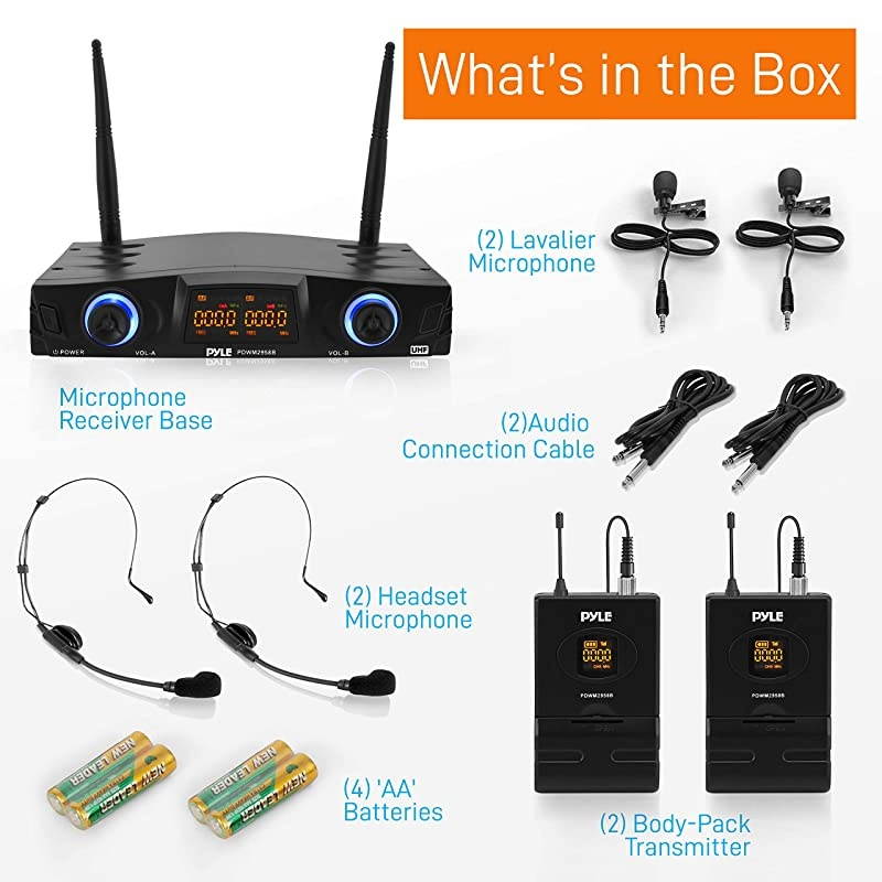 Compact UHF Wireless Microphone System Pro Portable Dual Channel Desktop Digital Mic Receiver Set w 2 BeltPack Transmitter Receiver 2 Headset Lavalier Mics XLR for Home PA  PDWM2958B