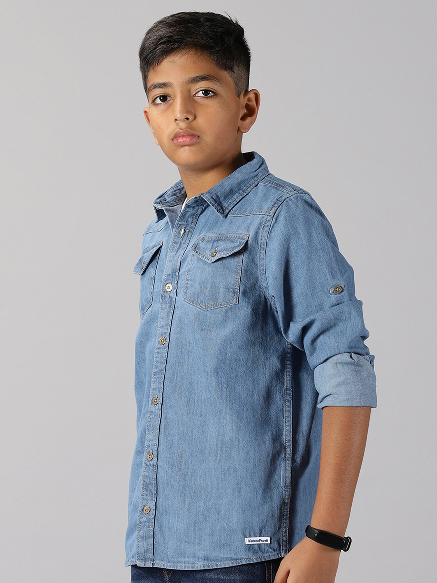 Kiddopanti Kids Blue Solid Full Sleeves Denim Shirt