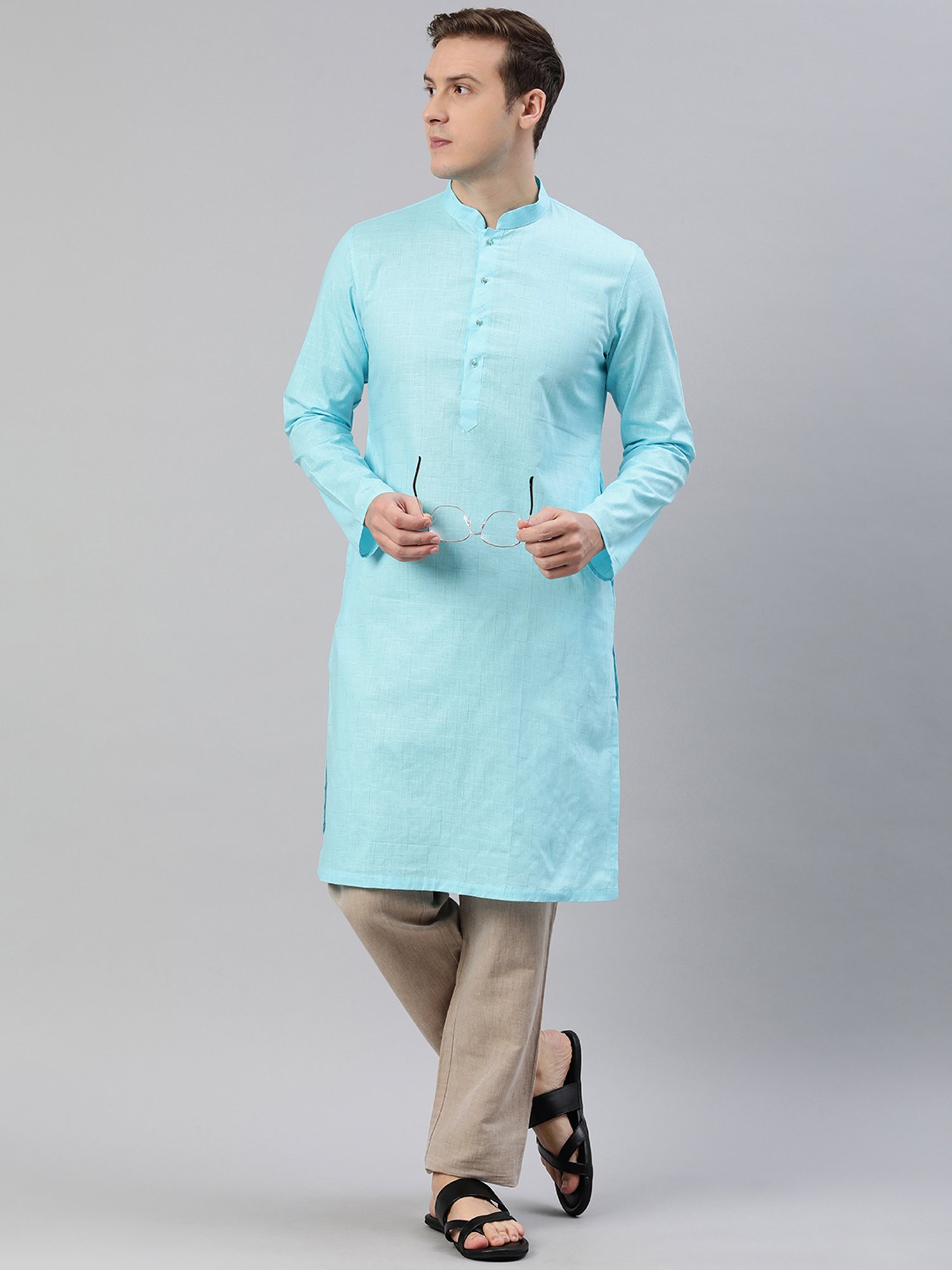 Manthan Sky Blue Regular Fit Self Design Kurta