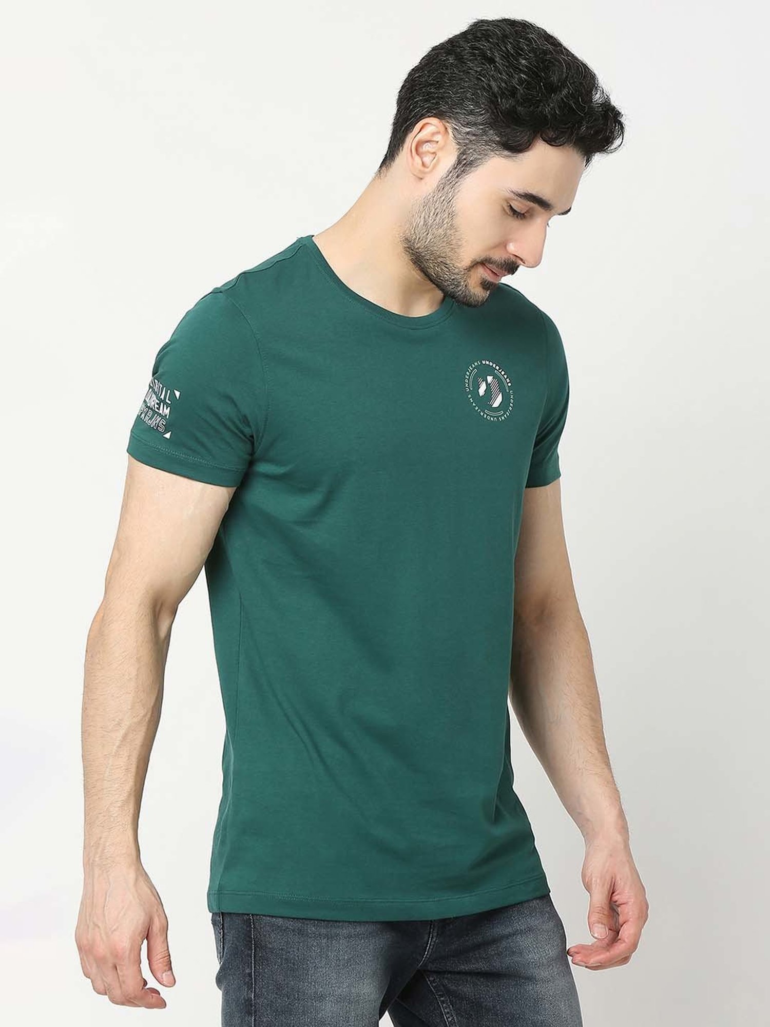 UnderJeans by Spykar Green Regular Fit Logo Print Cotton Crew T-Shirt