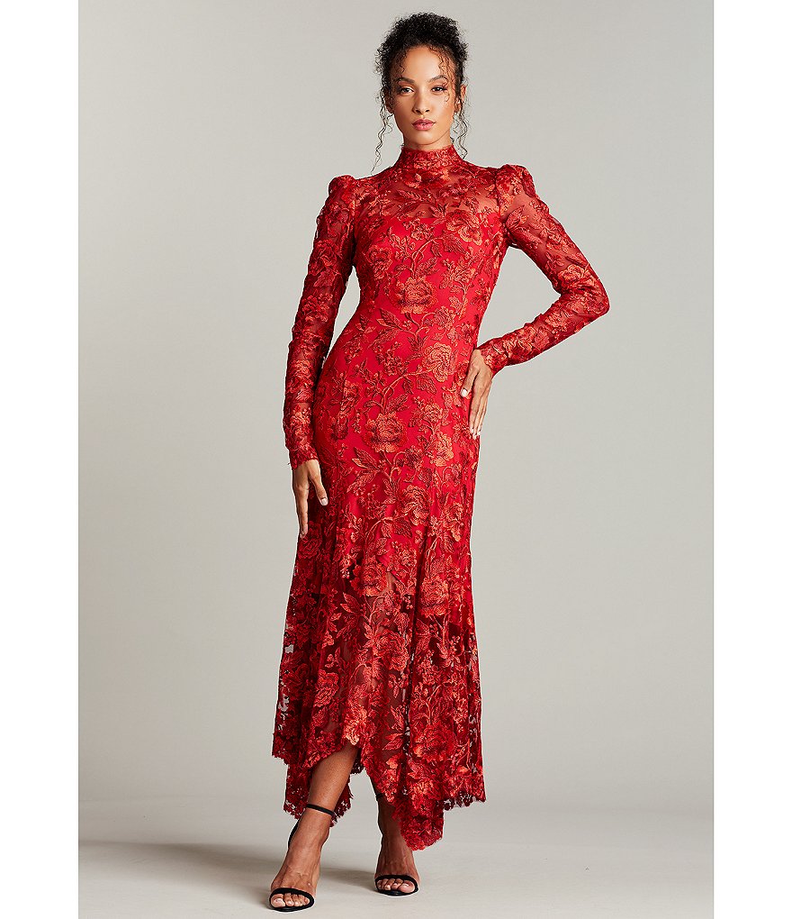 Tadashi Shoji Long Sleeve Mock Neck Handkerchief Hem Lace Dress