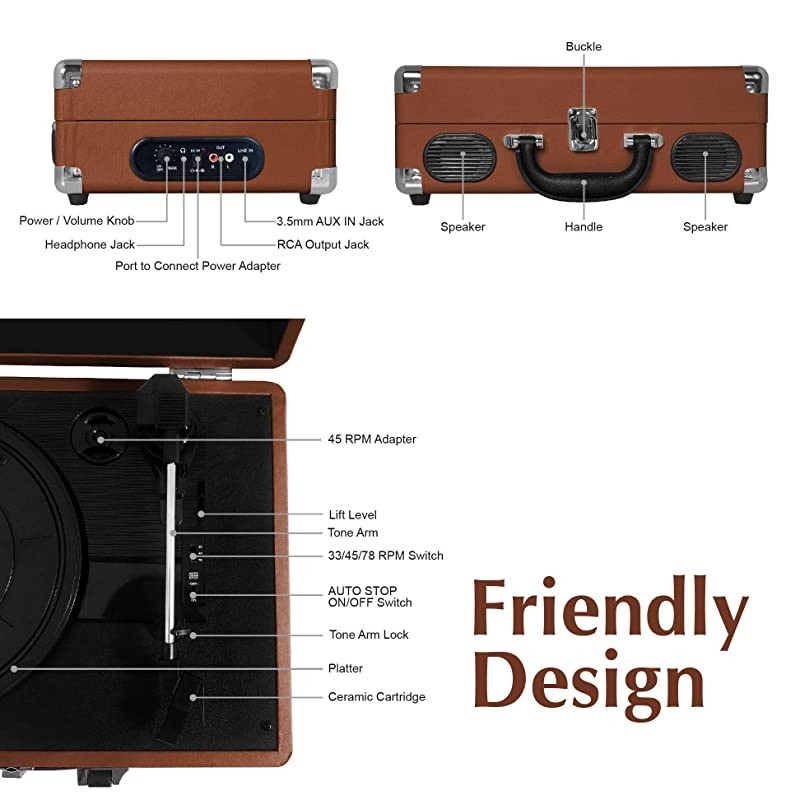 Portable Suitcase Turntable with Stereo Speaker3 Speeds BeltDrive Vinyl Record Player Black