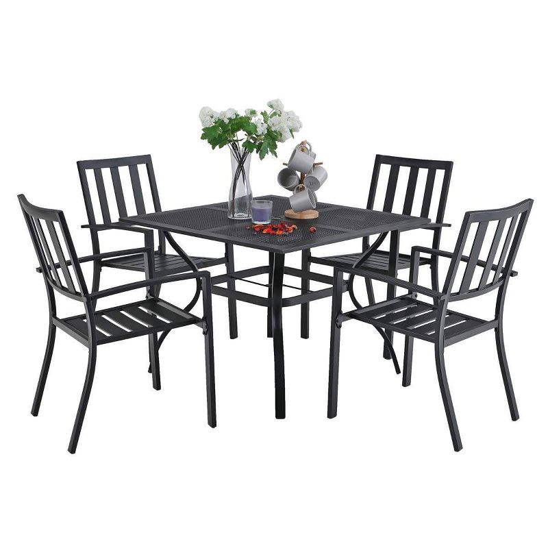 5pc Metal Indoor/Outdoor Square Gridded Dining Table with Arm Chairs & Umbrella Hole - Captiva Designs