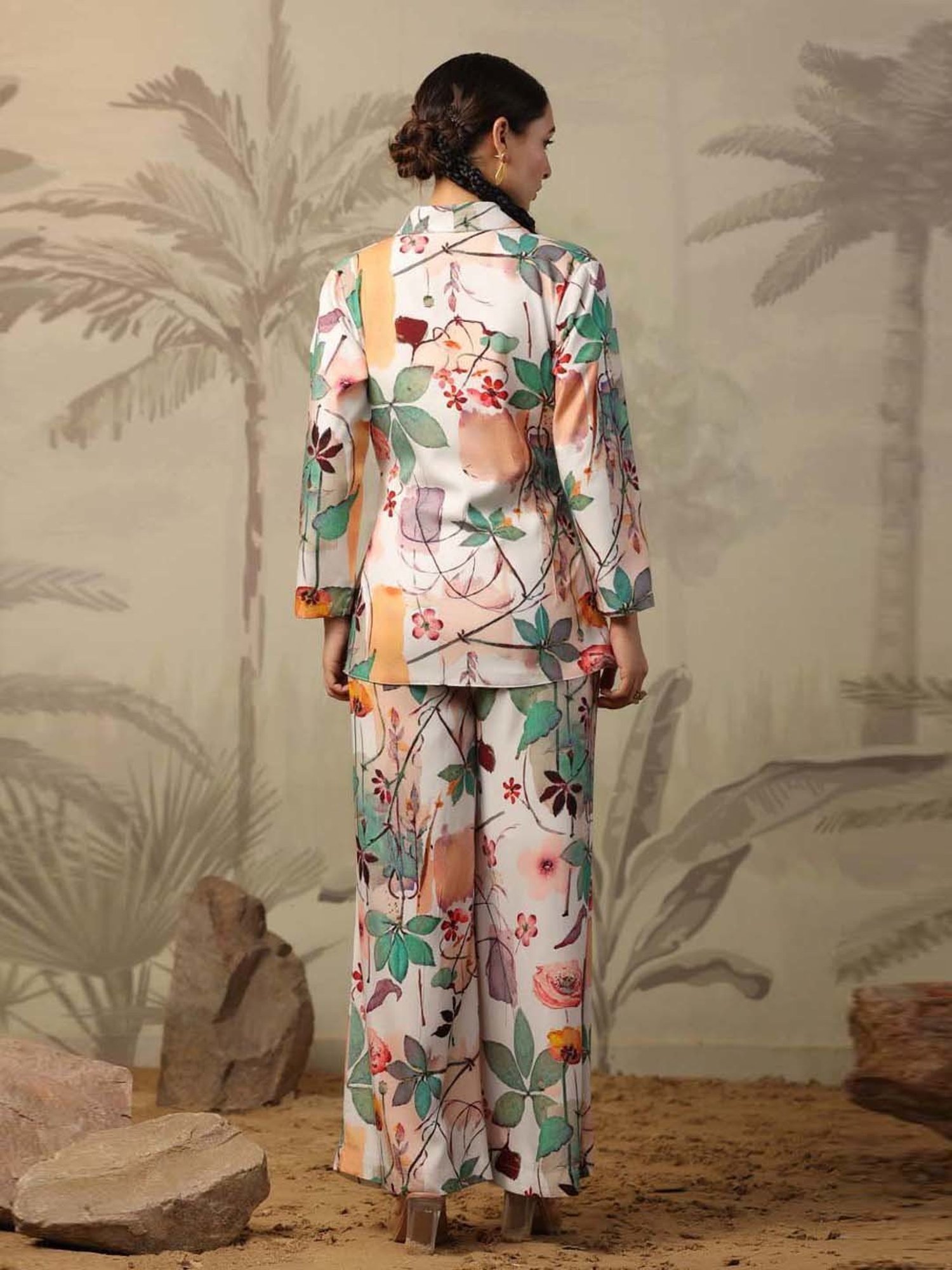 SCAKHI White Floral Print Blazer Palazzo Set