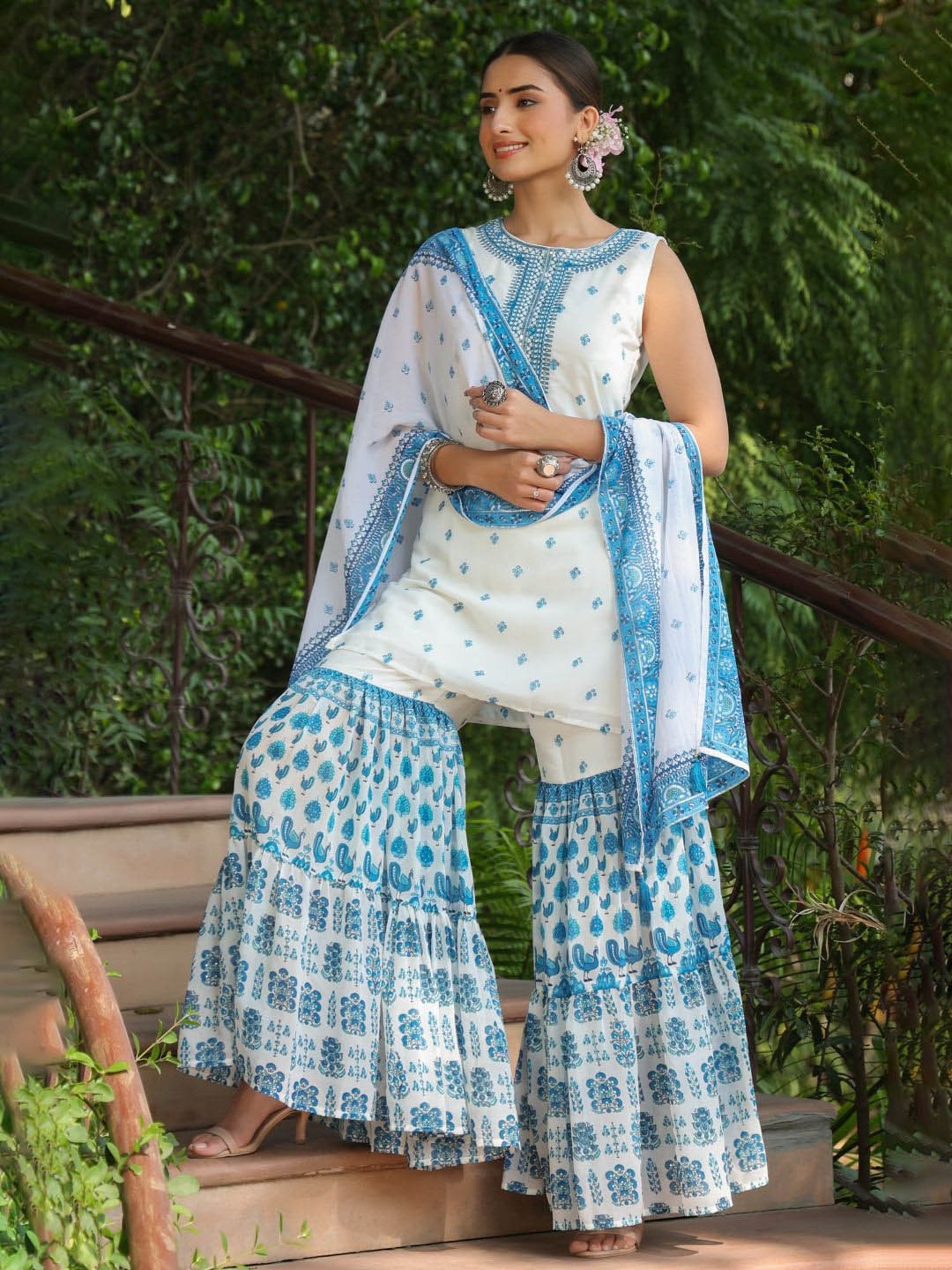 Juniper Blue Ethnic Motif Printed Georgette Kurta Sharara & Dupatta Set With Thread Work Embroidery
