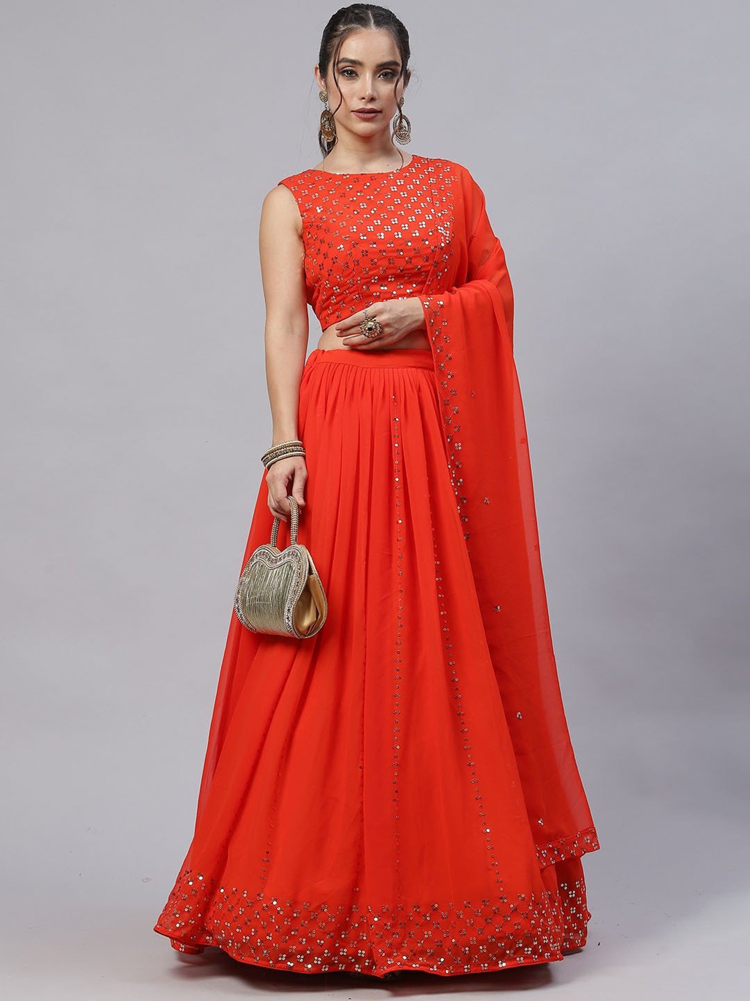 SHUBHKALA Orange Embellished Lehenga Choli Set With Dupatta