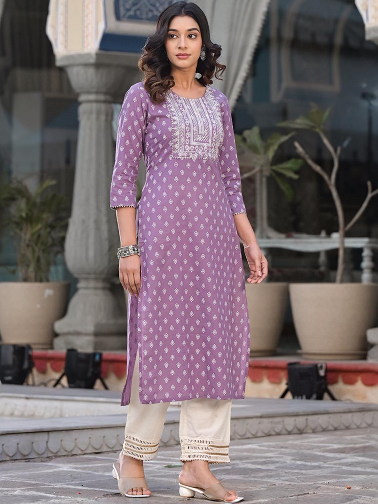 Varanga Purple Cotton Printed Straight Kurta