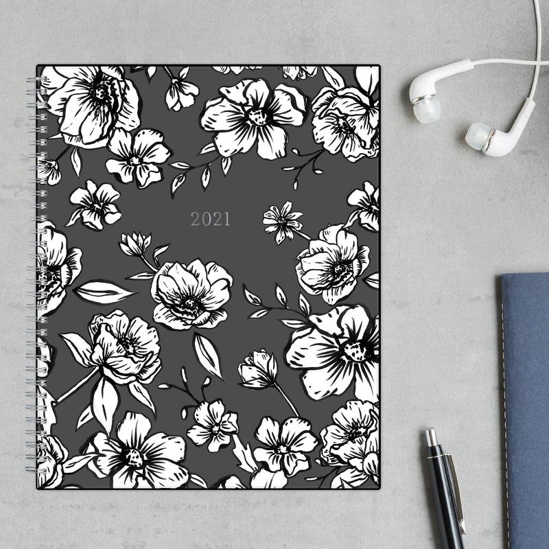 2021 Planner 8.5" x 11" Clear Plastic Cover Weekly/Monthly Wirebound Wild Blooms Black & White - Blue Sky