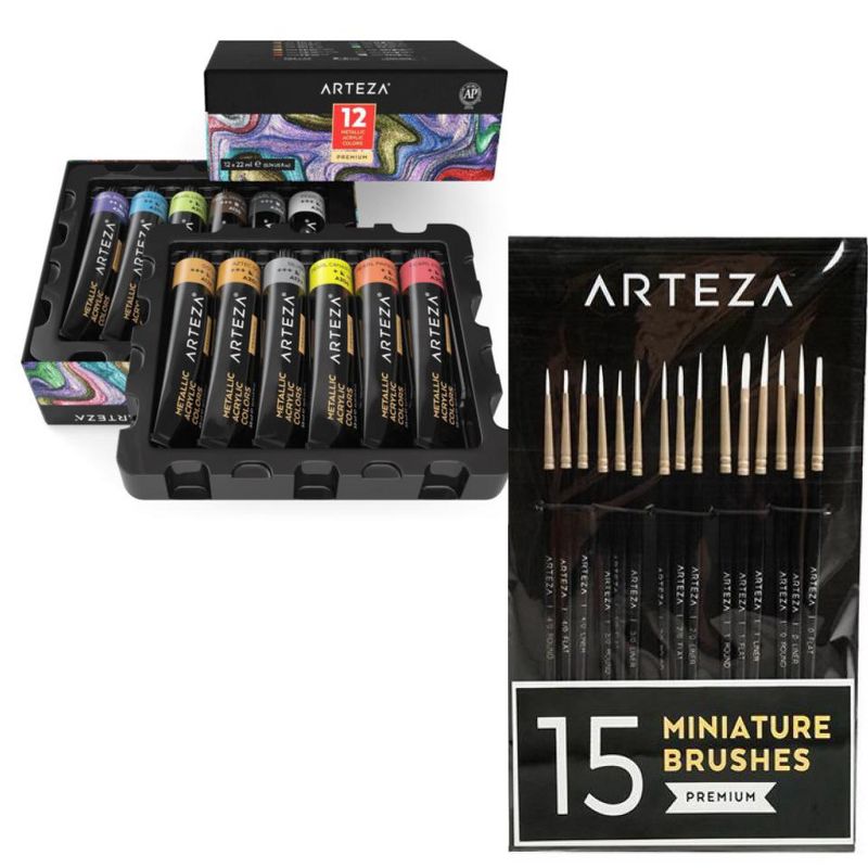 Arteza Painter's Set - 12 Pack of 22ml Metallic Acrylic Paints and 15 Detail Paint Brushes Bundle (ARTZ-NBNDL115)